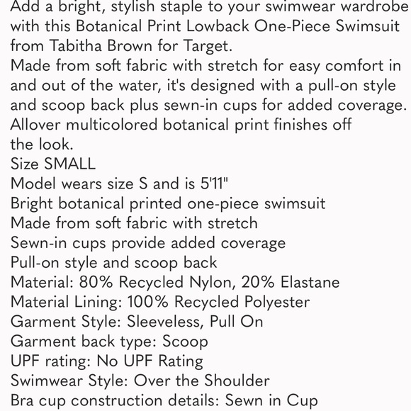 NWT Tabitha Brown For Target Botanical Print Lowback One Piece Swimsuit Small - Picture 7 of 7